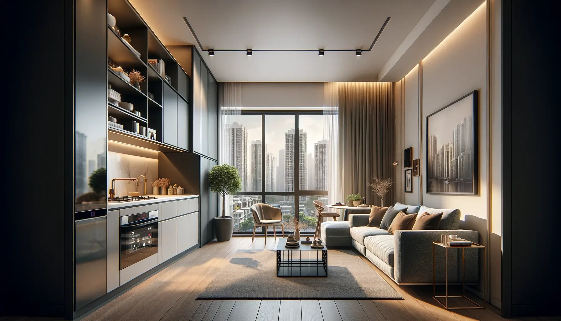 A modern 1 BHK flat interior living area
